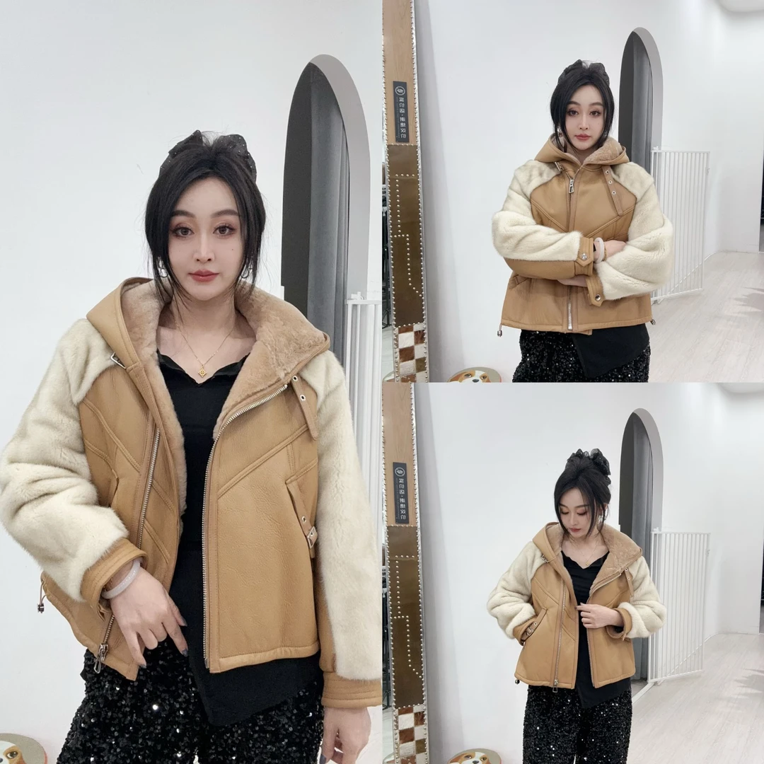 帽款水貂袖皮毛一体外套