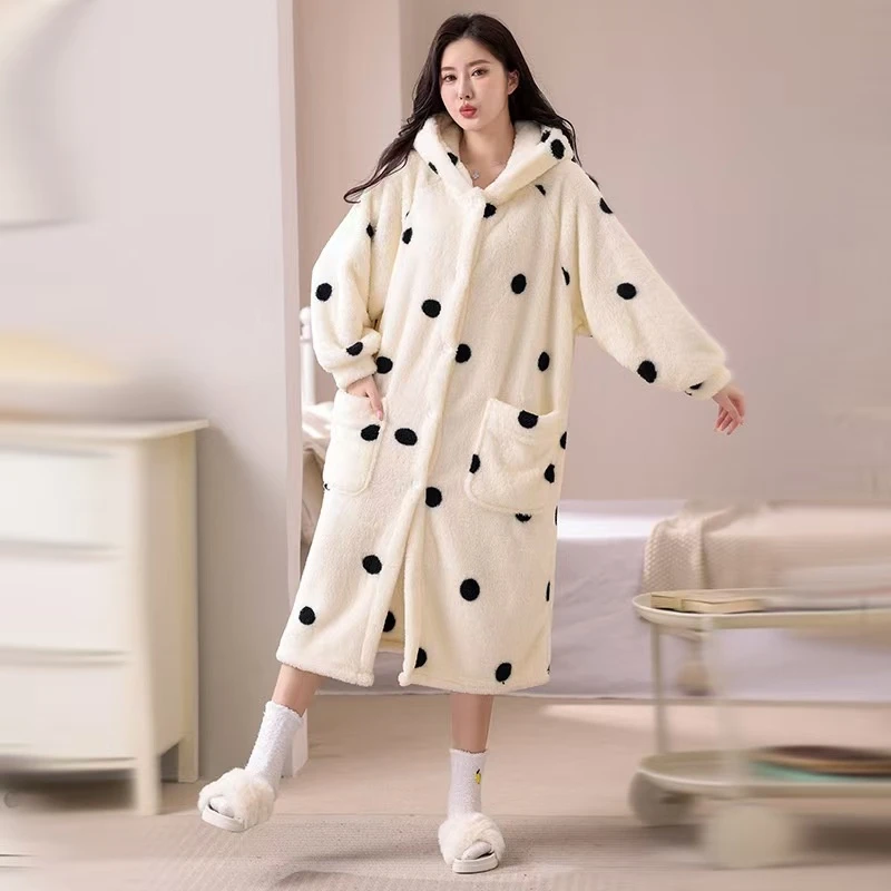 【波点睡袍】睡衣女冬情侣法兰绒家居服珊瑚绒加绒保暖拉链保暖套装