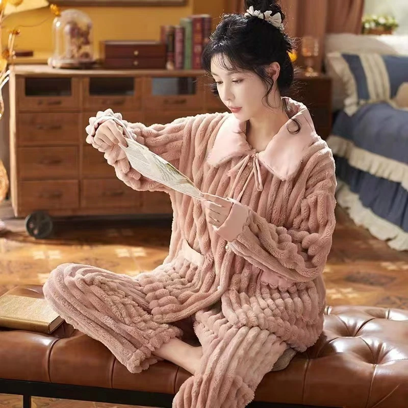 【芳华XS】仙女风珊瑚绒秋冬女士睡衣加厚法兰绒保暖家居服套装8111