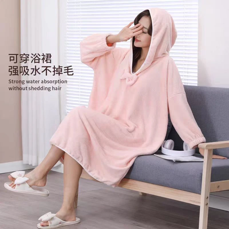 秋冬加大加厚浴袍可穿浴巾女家用比纯棉吸水柔软速干浴裙洗澡睡袍