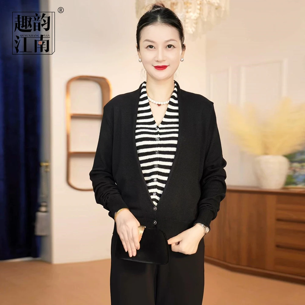 趣韵江南妈妈装针织上衣中老年条纹拼接气质复古休闲假两件套装