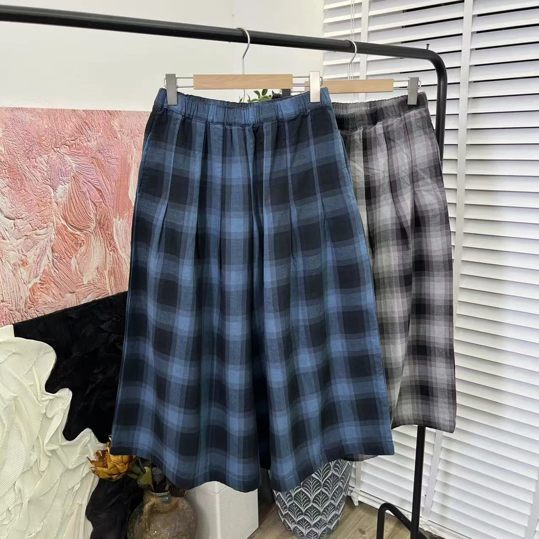 日系软糯格子「松紧腰百搭加厚棉纱」阔腿休闲九分裤裙裤E3090