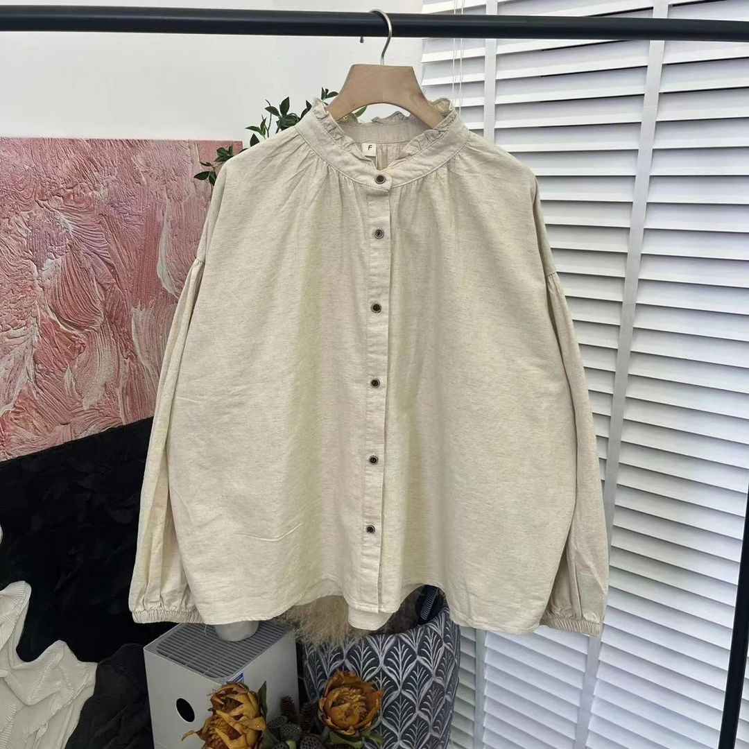 日系休闲水洗棉麻「麻本色单排扣简约」长袖衬衫E2712