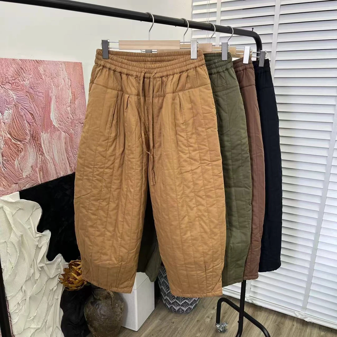 森系秋冬夹棉绗绣「松紧腰保暖慵懒」休闲长裤E2956