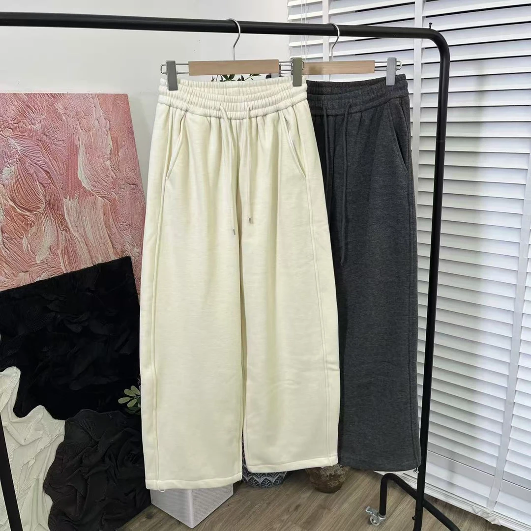 日系氛围感秋冬「加绒加厚可束口」松紧腰休闲直筒长裤女E3219