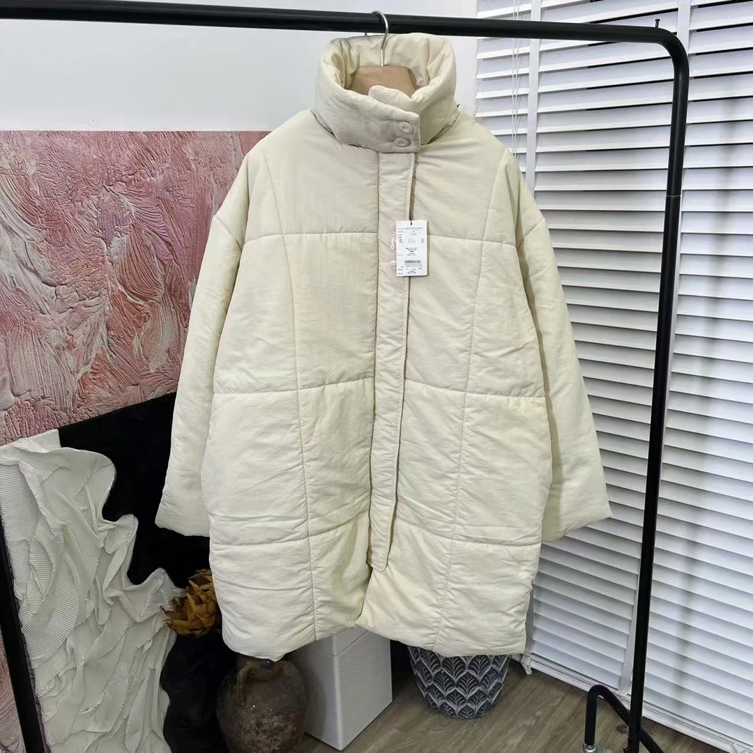 日系秋冬宽松「中长款圆领单排扣」长袖棉衣棉服女E3076