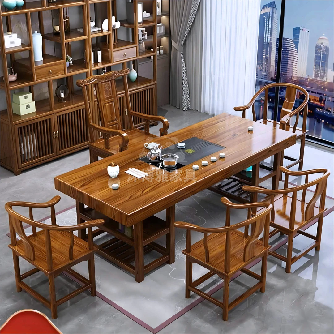 （新中式）双层储物茶桌茶台一整套精选实木大板加厚大板桌组合茶台