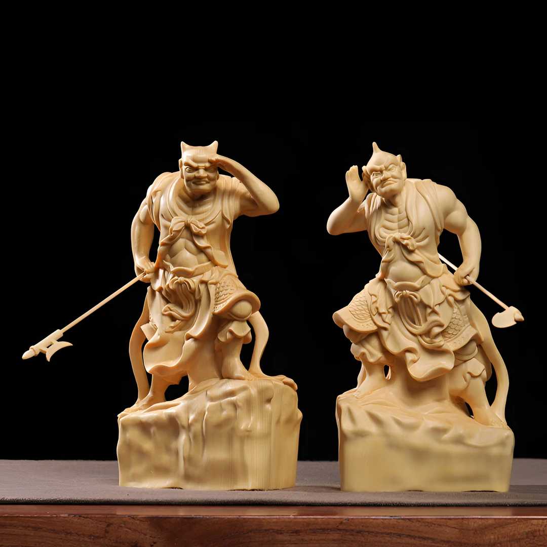 桧木精雕千里眼顺风耳左右护法佛像神像摆件家居装饰品木雕工艺品