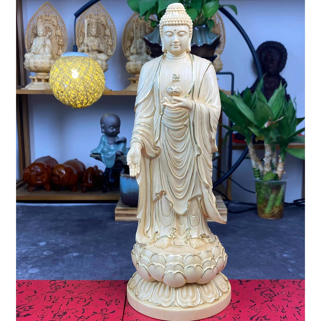 桧木描金西方三圣雕刻观音大势至阿弥陀佛办公室家居精品红木摆件