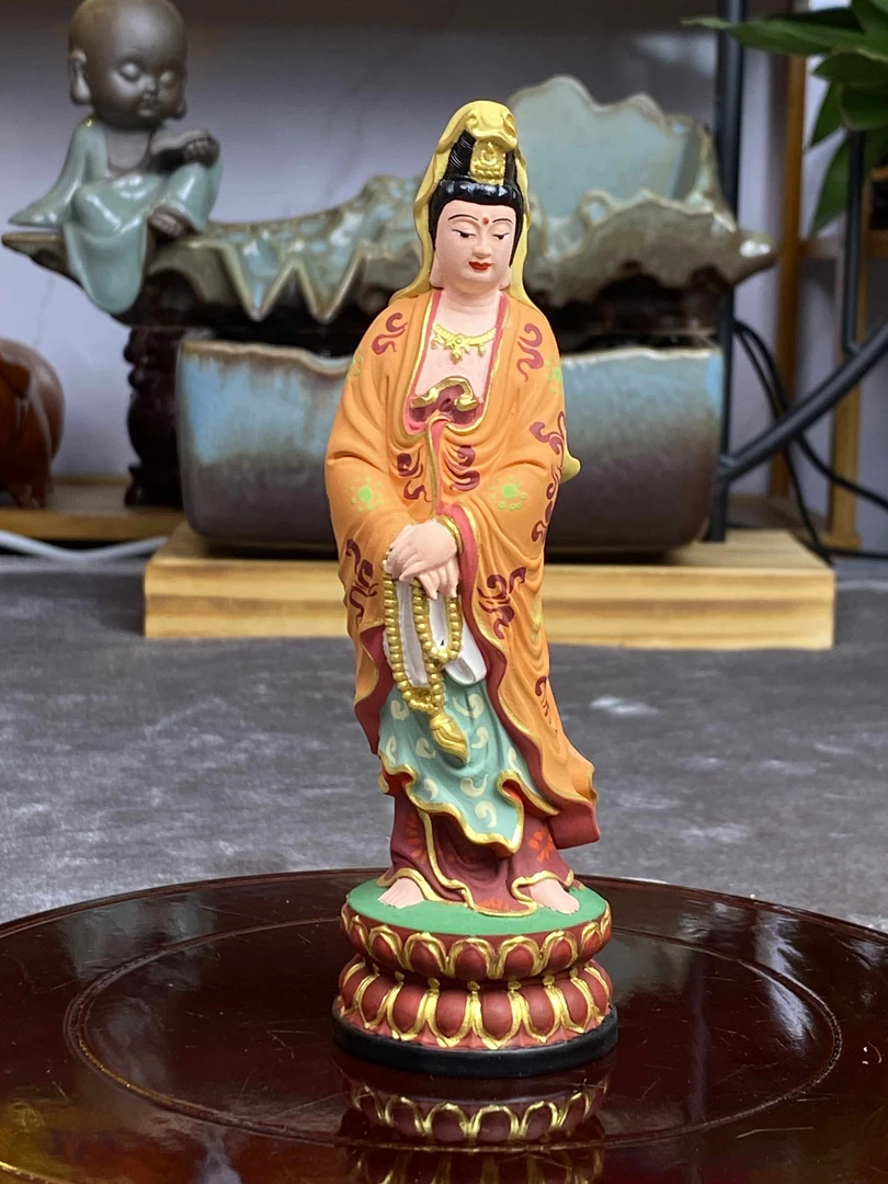 黄杨木手工彩绘手持念珠观音菩萨摆件家居客厅实木雕刻装饰工艺品