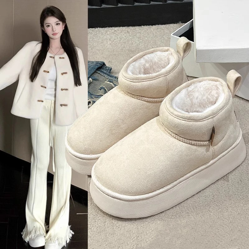 白色厚底雪地靴女冬季2024年新款加绒加厚短筒毛毛短筒棉靴面包鞋