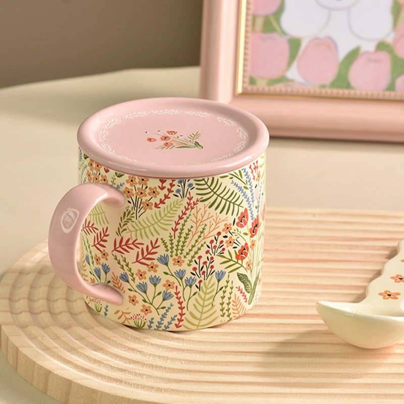 高颜值花卉马克杯创意小众办公室大容量陶瓷水杯情侣早餐手绘家用