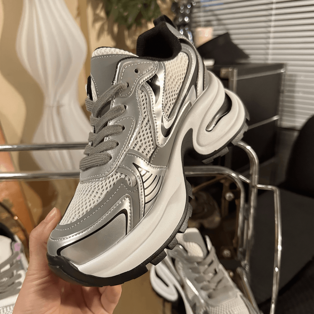 【莱元元】银色厚底老爹鞋女小个子内增高网面鞋2024新款矮子乐