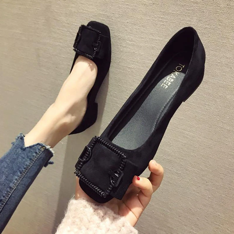方头平底鞋女单鞋2022春秋新款绒面软底浅口瓢鞋豆豆鞋大码女鞋