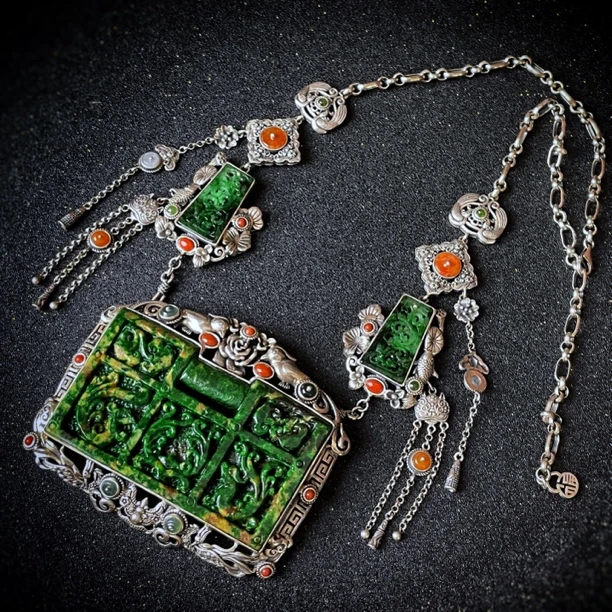 四姐妹 国风民族风设计925银花青翡翠长流苏大气气质款项链