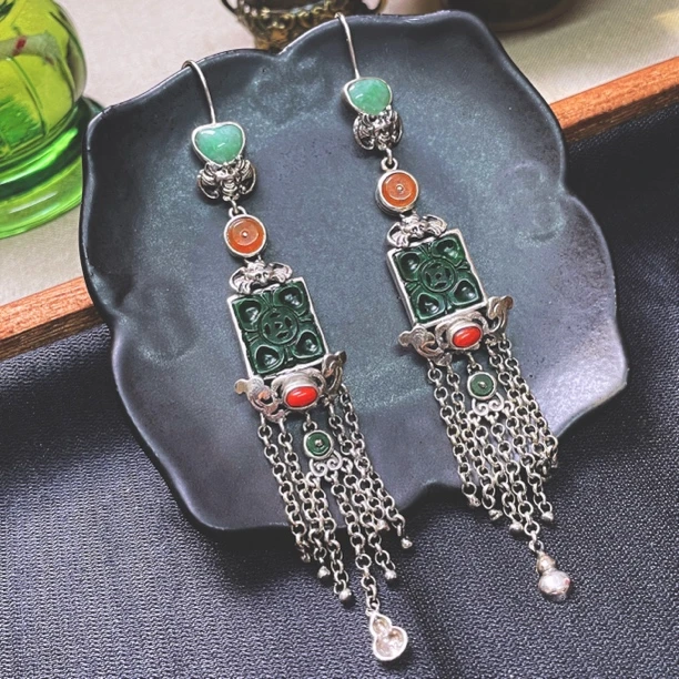 四姐妹 古典国风设计花青辣绿翡翠个性特色流苏纯银925银耳环耳钩