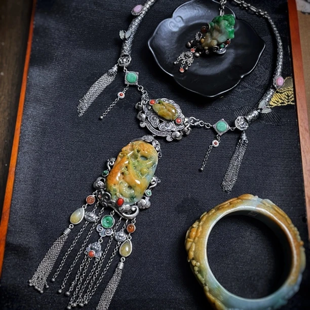 四姐妹 台湾工艺国风个性特色黄翡翡翠纯银925银流苏项链项圈吊坠