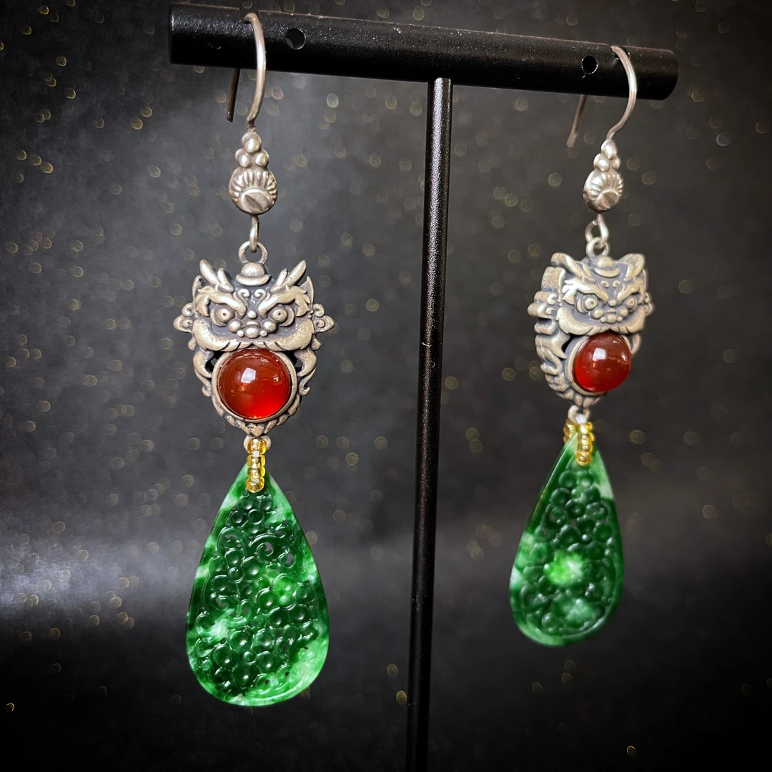 四姐妹 三妹原创简约简洁古典国风纯银翡翠花青气质耳环耳钩女