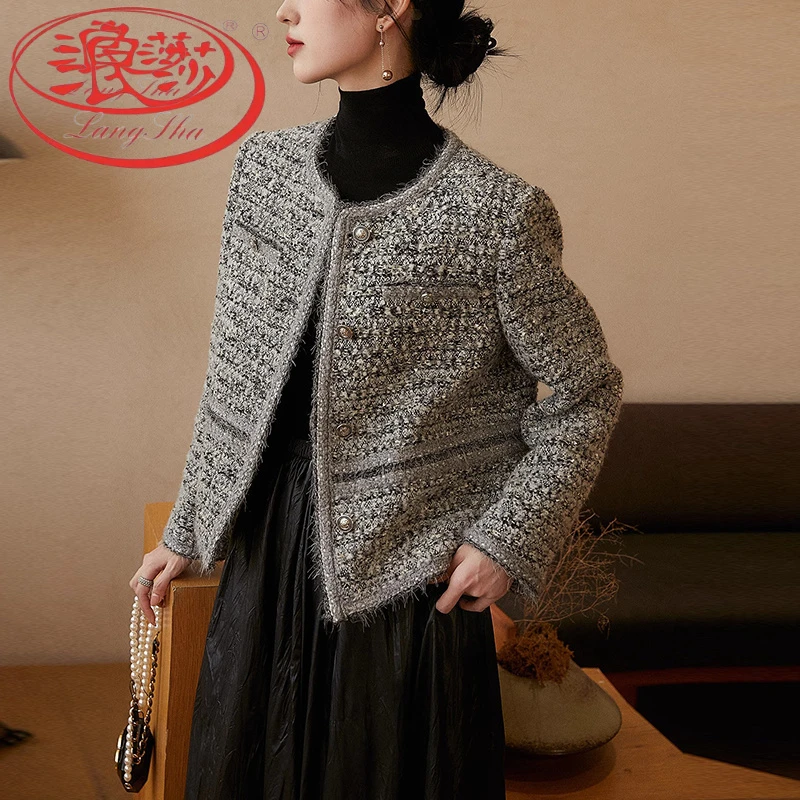 浪莎浪莎秋冬新款小香风粗花呢短款保暖宽松圆领纽扣拼接外套女