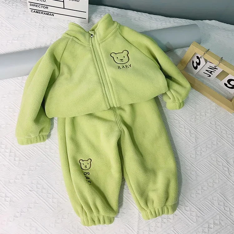 儿童2023奥利绒套装加厚宝宝秋冬季保暖超可爱小熊婴儿两件套套装