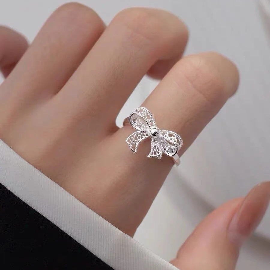 足银戒指 足银s990镂空蝴蝶结戒指甜美可爱少女
