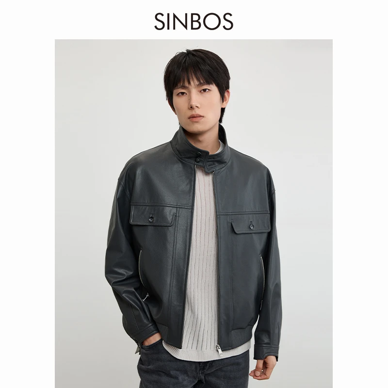 SINBOS真皮皮衣短款立领夹克秋冬新款头层牛皮宽松工装SS3D50016