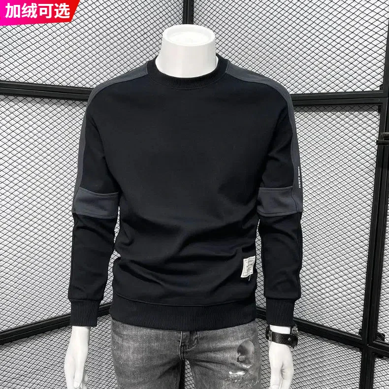 秋冬棉质加绒卫衣男士保暖接撞色韩版潮牌圆领长袖百搭时尚休闲