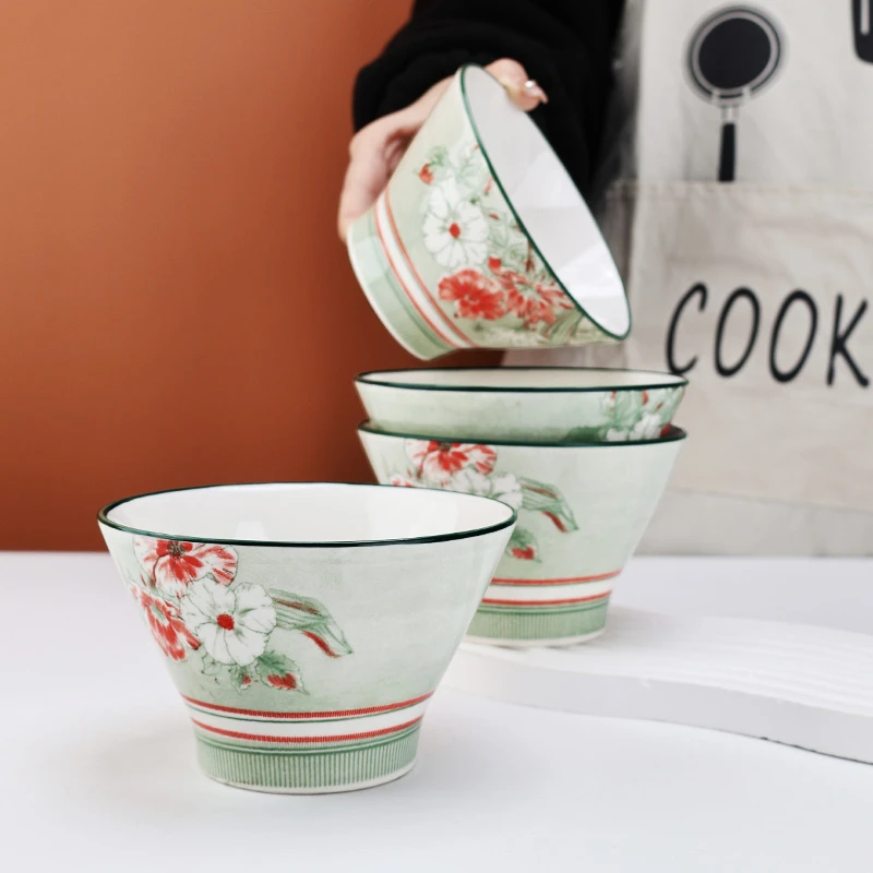 孟垣花开富贵5英寸4只装斗笠碗中式家用高颜值釉下彩陶瓷碗餐具