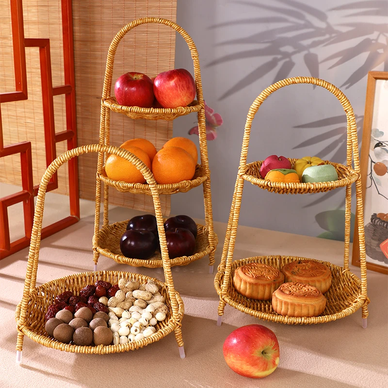 创意多层欧式仿藤编果盘新款客厅下午茶家用零食盘糖果点心托盘