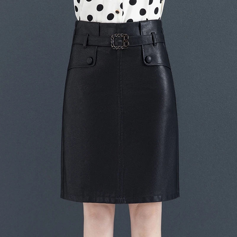 a字裙女2025 春秋新款高腰包臀裙显瘦气质开叉pu皮裙中裙裙子女