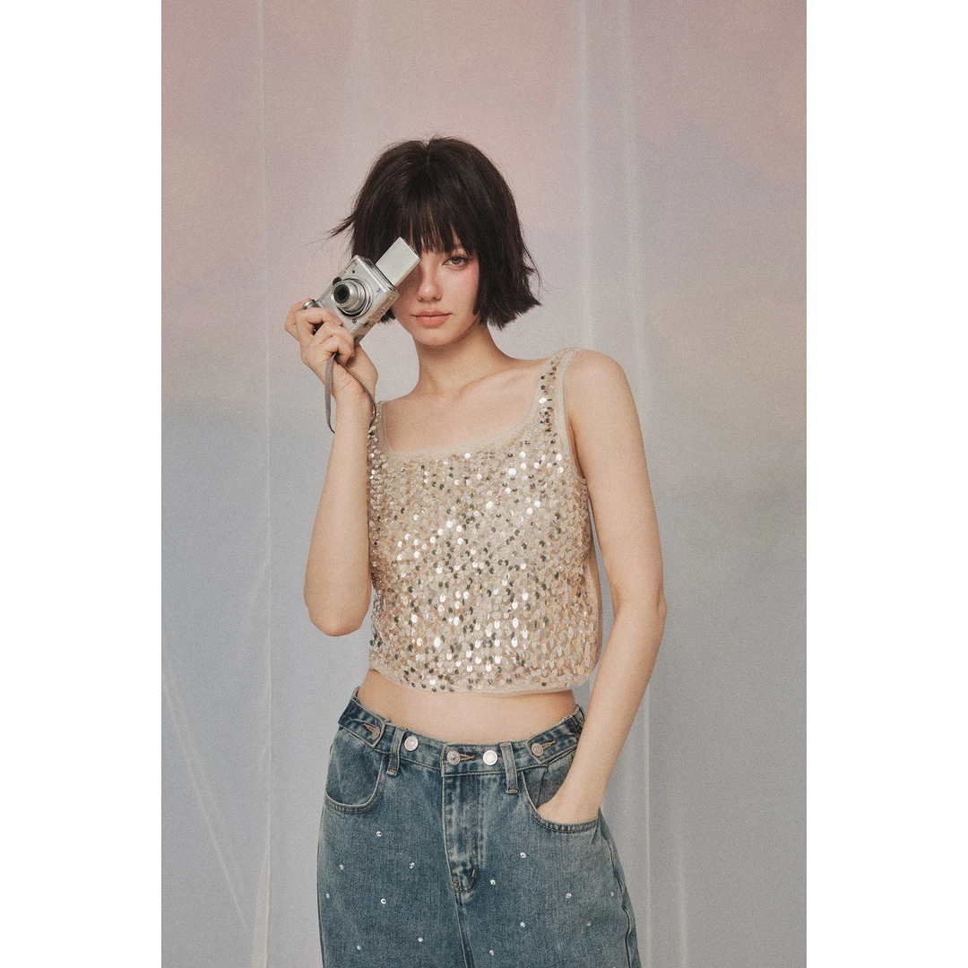 FOREVERCAN“柔光岛屿”客订LM亮片短款吊带背心上衣  ST21658