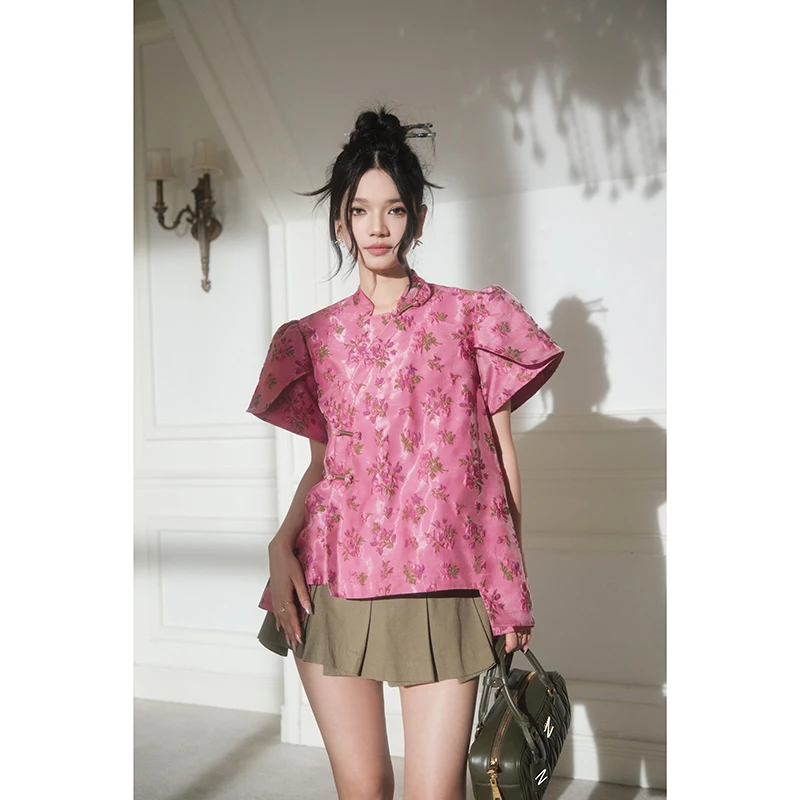 FOREVERCAN“碧玺”新中式国风提花泡泡袖斜襟上衣 ST21480