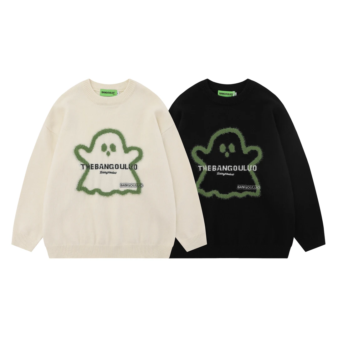 【BOL潮牌】卡通趣味植绒圆领毛衣女宽松休闲百搭情侣软针织衫