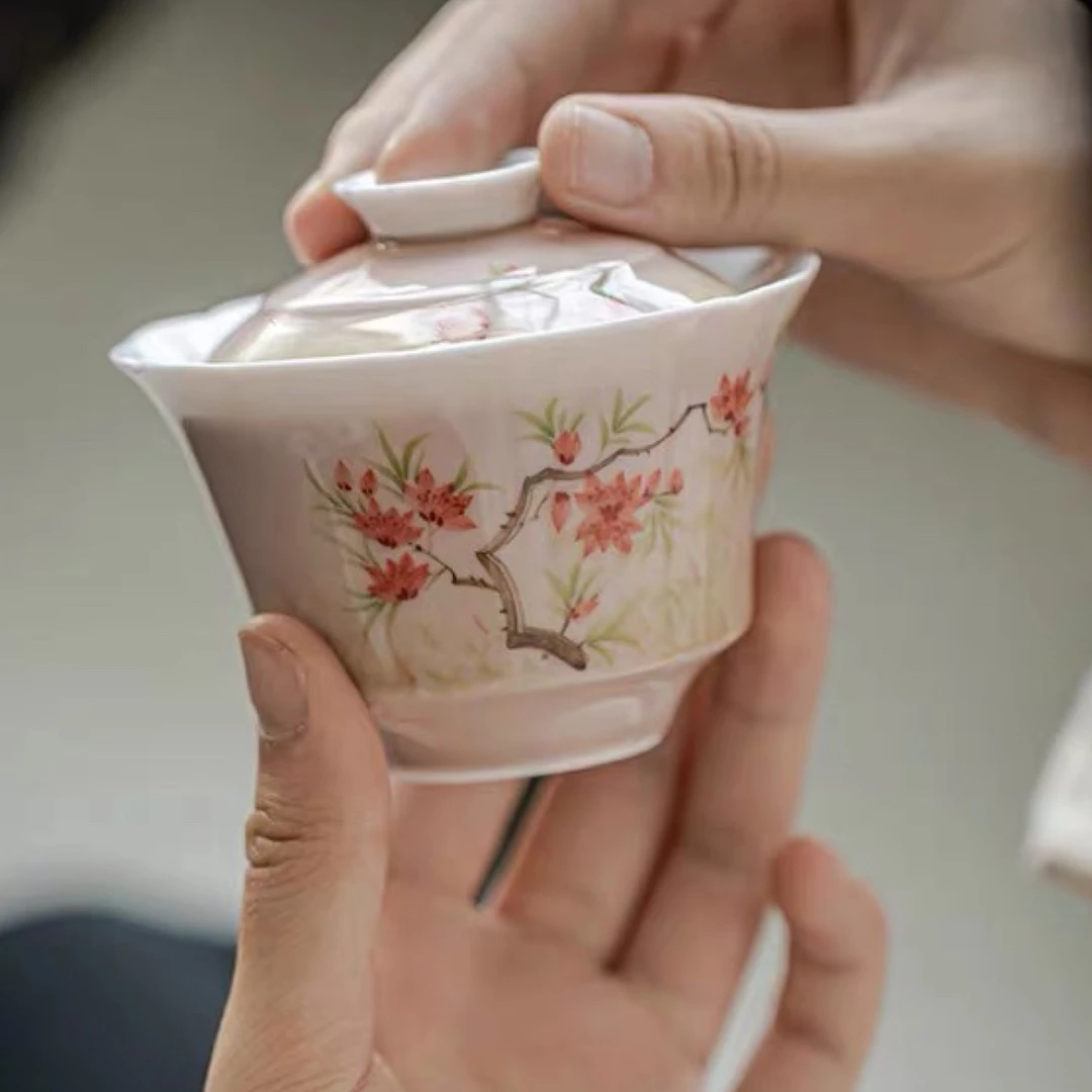 【香香严选】苍烟红木棉花盖碗     手绘手工陶瓷小清新