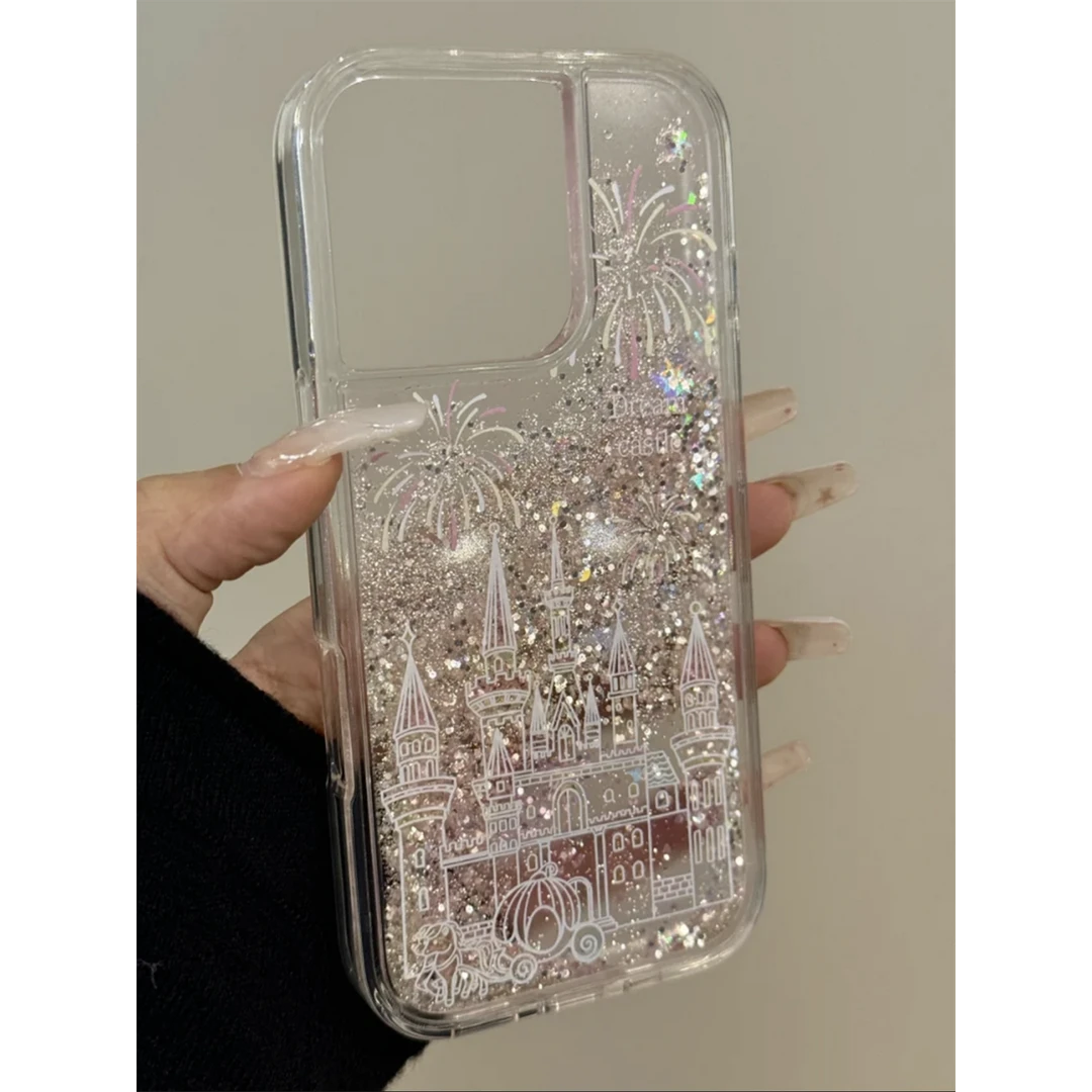 唯美ins流沙烟花城堡适用苹果16promax手机壳国风15Pro流沙壳网红