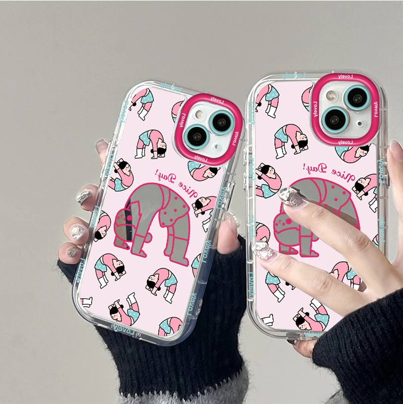 ins可爱弯腰女孩适用苹果15Pro手机壳华为镜面vivo全包小米14少女