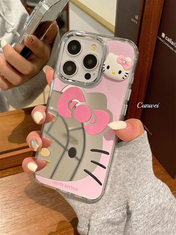 ins日韩少女卡通猫咪适用苹果15pro手机壳新款14镜面个性可爱网红