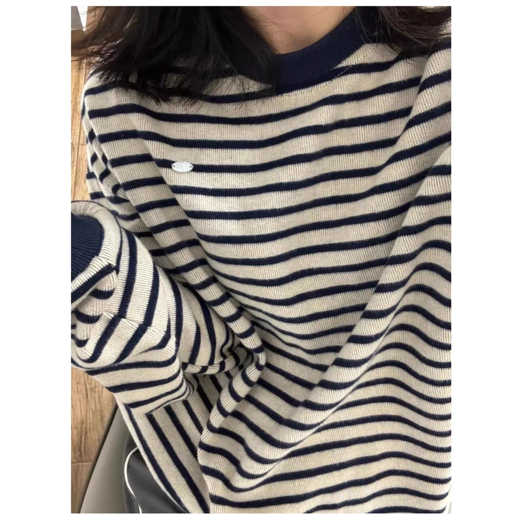 美式复古条纹圆领针织无帽卫衣女春秋2025新款宽松慵懒风长袖上衣