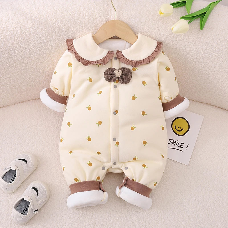 婴儿连体衣秋冬厚款夹棉棉衣女宝公主袖蝴蝶衣新生宝宝保暖外出服