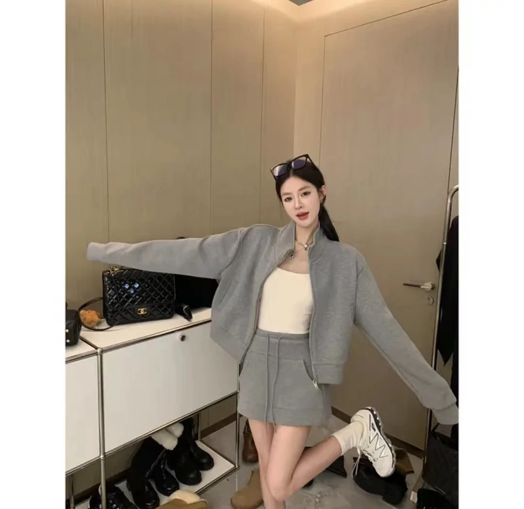 2024新款显瘦立领拉链运动外套休闲宽松卫衣短裙套装