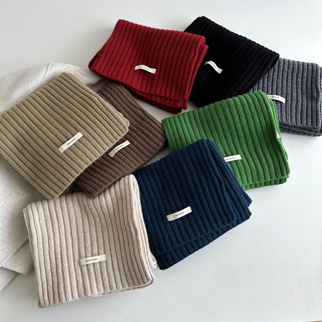 100%澳洲羊毛纯色抽条针织围巾基础款百搭情侣保暖围脖冬季男女士