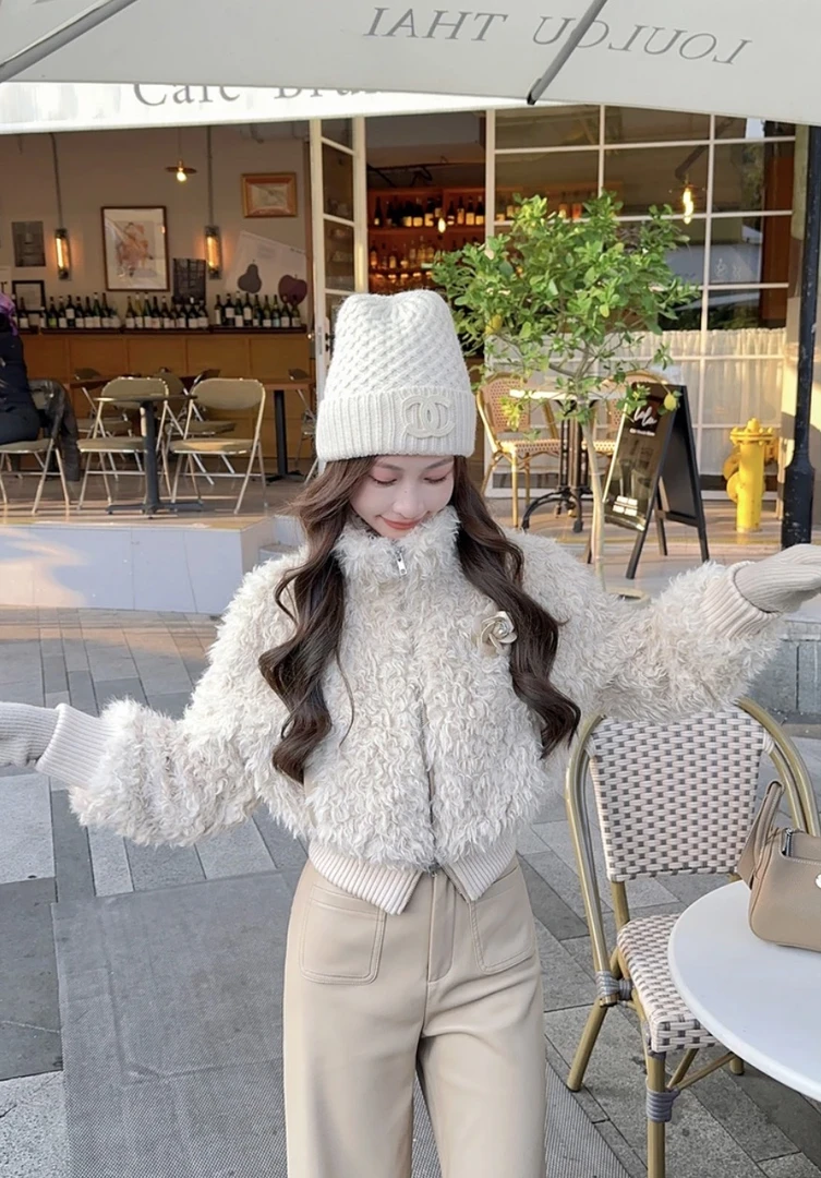 秋冬小香风新款高领羊卷毛收腰外套+气质高腰直筒休闲皮裤套装