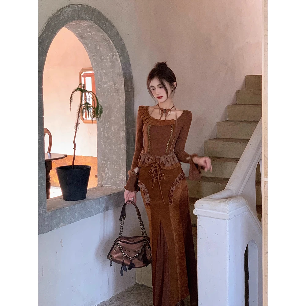 [WALKINDARK]哟哟鹿鸣·复古古着感拼接鱼尾半裙