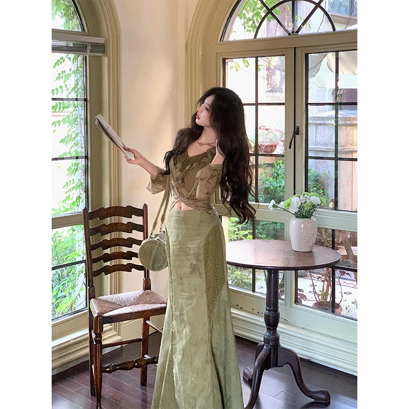 [WALKINDARK]苔藓·古着感绿色拼接扎染半裙