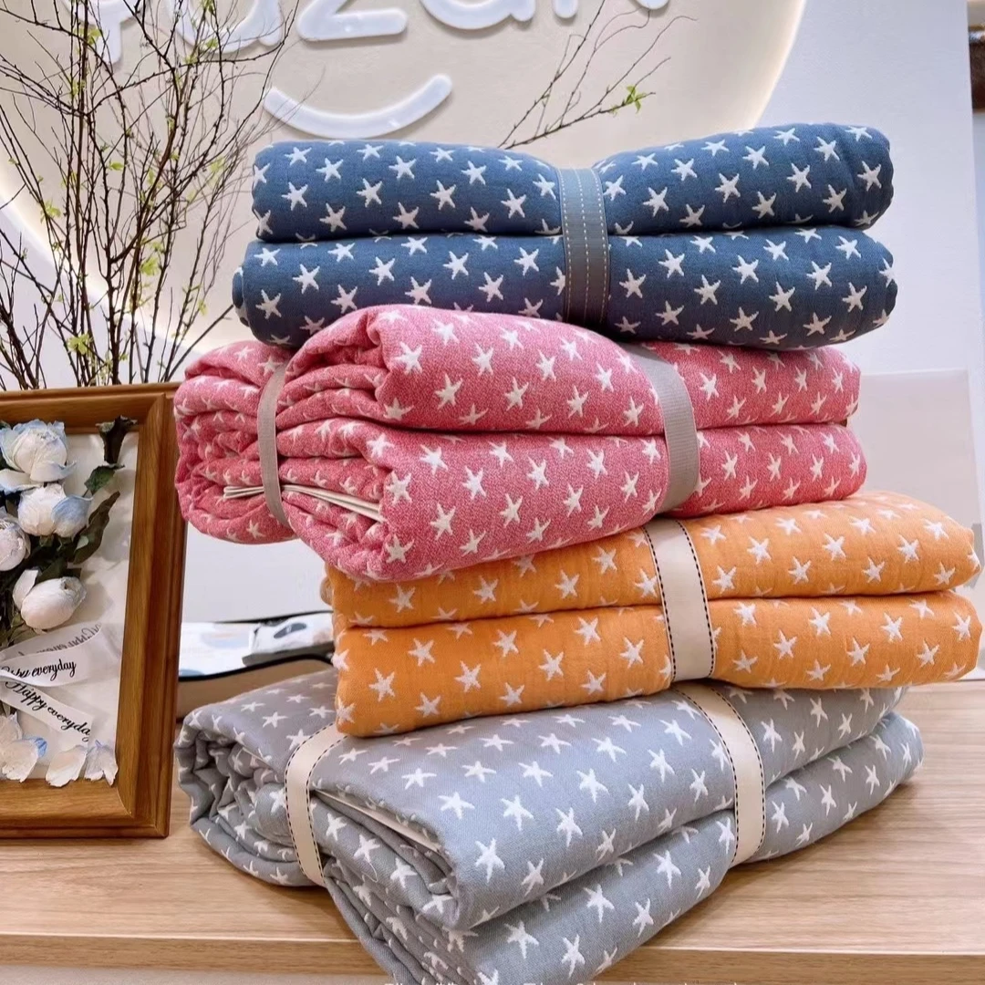 雅赞纯棉纱布被床单三层褶皱星星全棉透气抑菌简约四季盖毯单双人
