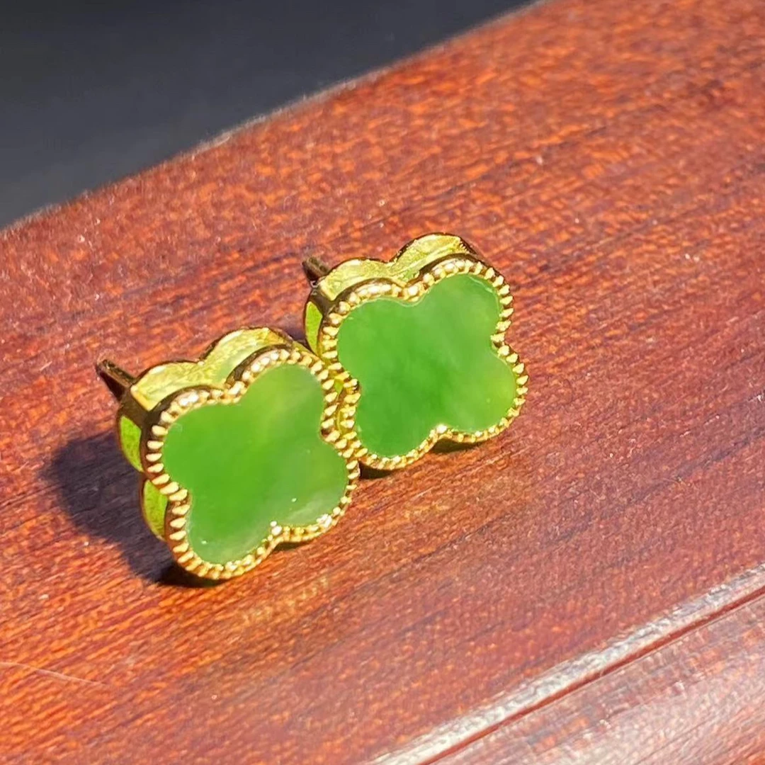 天然和田玉俄罗斯碧玉四叶草耳钉多样性拍一发一