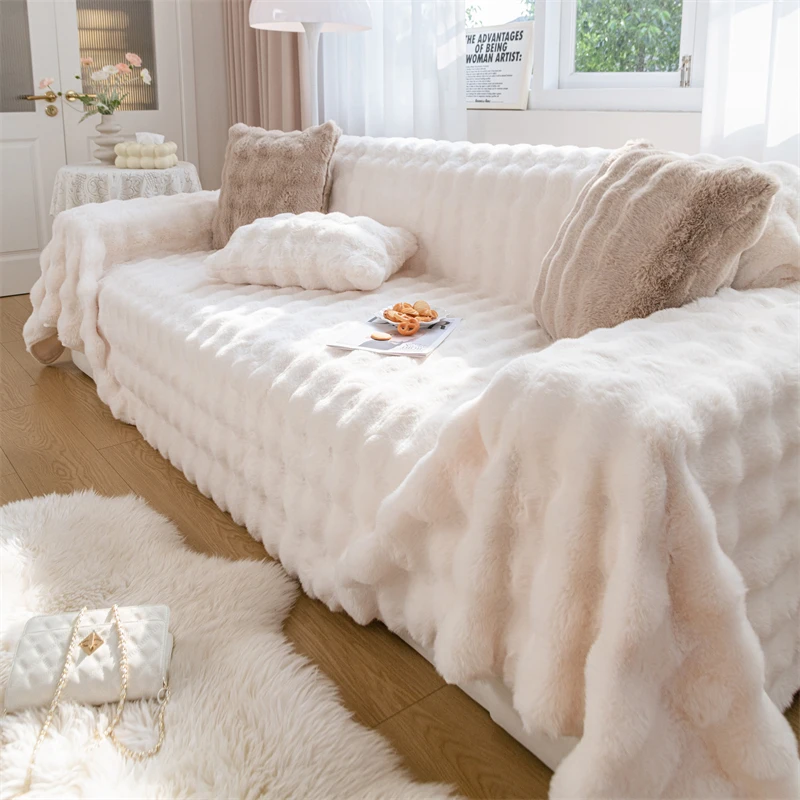仿兔绒毛茸网红沙发盖布巾豆腐块全包万能沙发套罩秋冬防滑坐垫毯