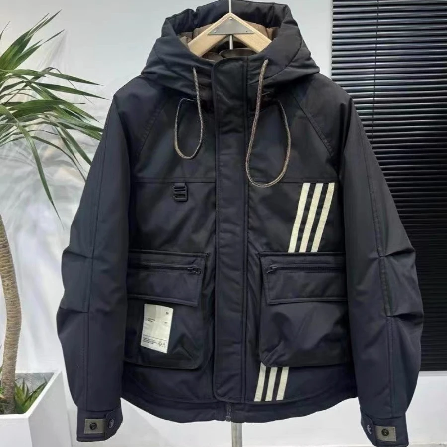 冬季条纹设计棉袄冲锋衣男潮牌宽松连帽羽绒棉服短款休闲保暖外套