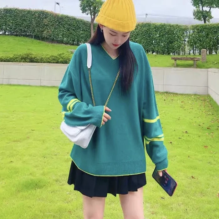 【商场同款】秋冬爱神毛衣宽松V领毛衣条纹百搭针织衫摩登猫5399490