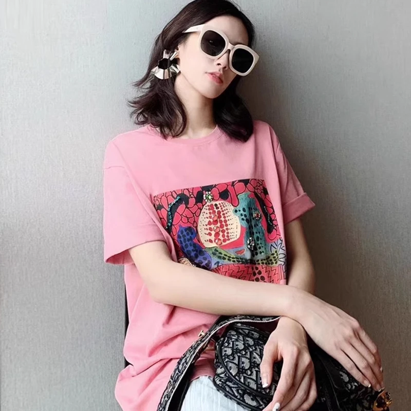 【商场同款】夏季显瘦半袖阔版宽松大码短袖手工钉钻女T恤摩登猫